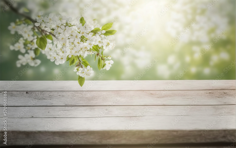 Empty table for product display with flower spring blur background . Sublime Generative AI image .