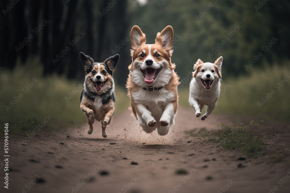 Happy dogs are running towards camera in outdoor activity . Sublime Generative AI image .