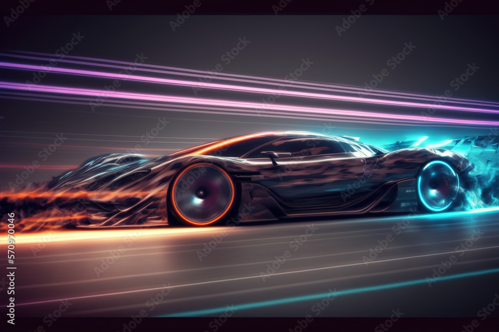 Speeding fast sports car drives on highway road with motion blur effects creating light trailing env