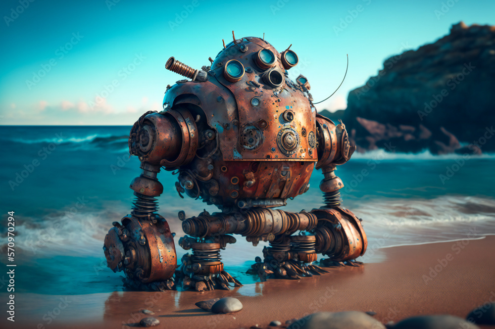 Old rusty robot on the sea shore. Created with Generative AI technology.