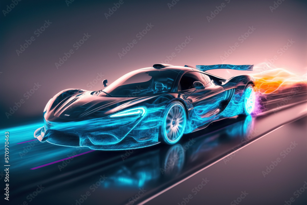 Speeding fast sports car drives on highway road with motion blur effects creating light trailing env