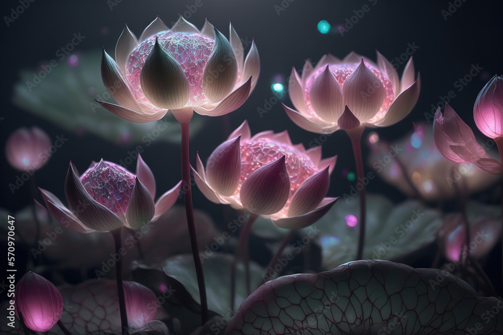 Dreamlike image of light glowing lotus flower or water lily with transparent pink illumination under