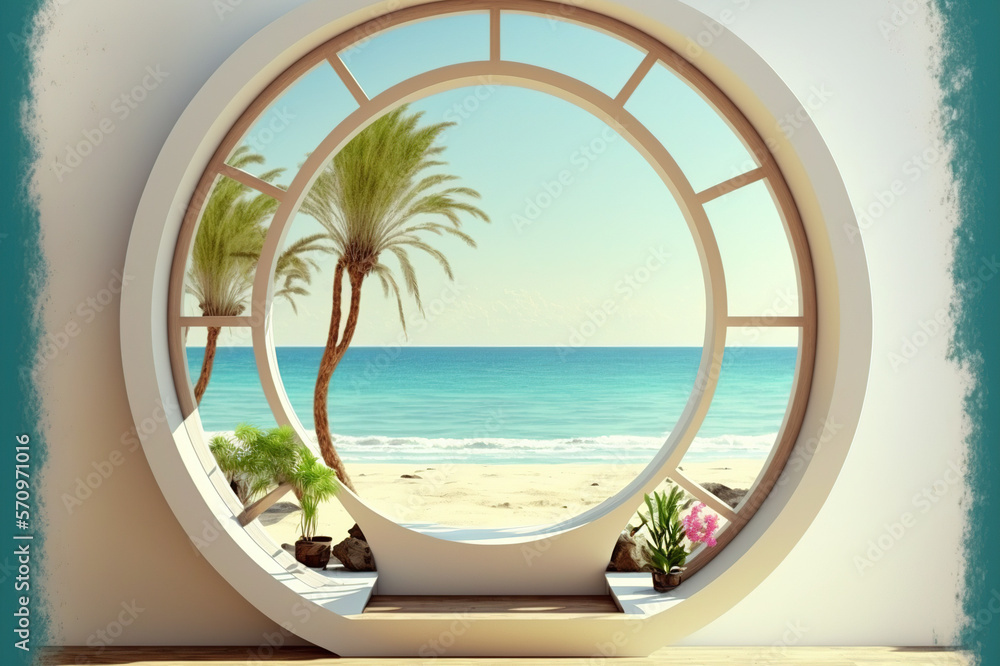 A room with round glass window overlooking beautiful landscape background . Hotel futuristic showroo