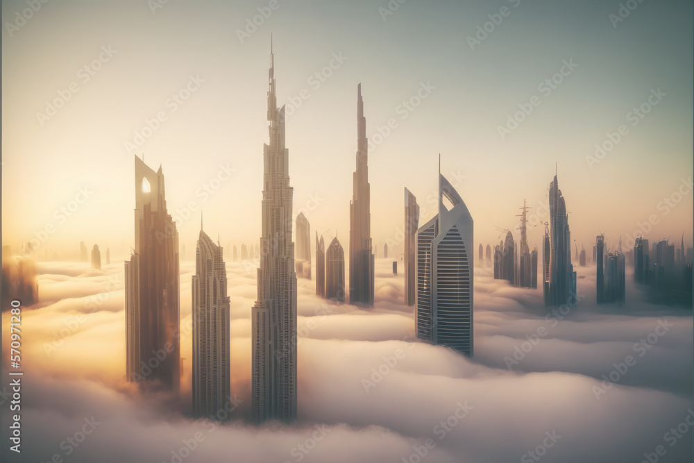 Top of skyscrapers building high above the clouds in the morning sunrise . Futuristic architecture o