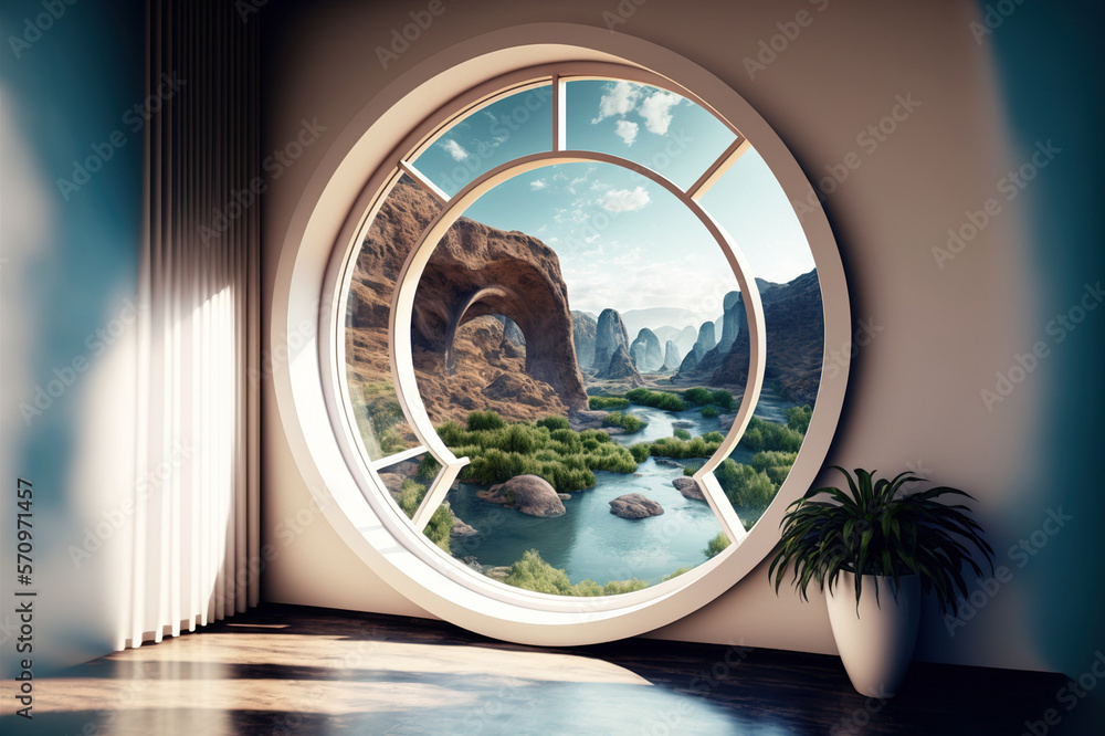 A room with round glass window overlooking beautiful landscape background . Hotel futuristic showroo