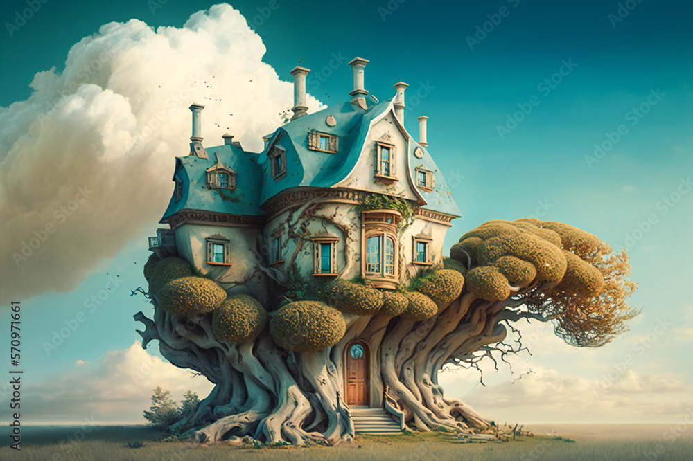 Surreal, dreamlike house in a tree, with blue sky and clouds in background. Fictional architecture. 