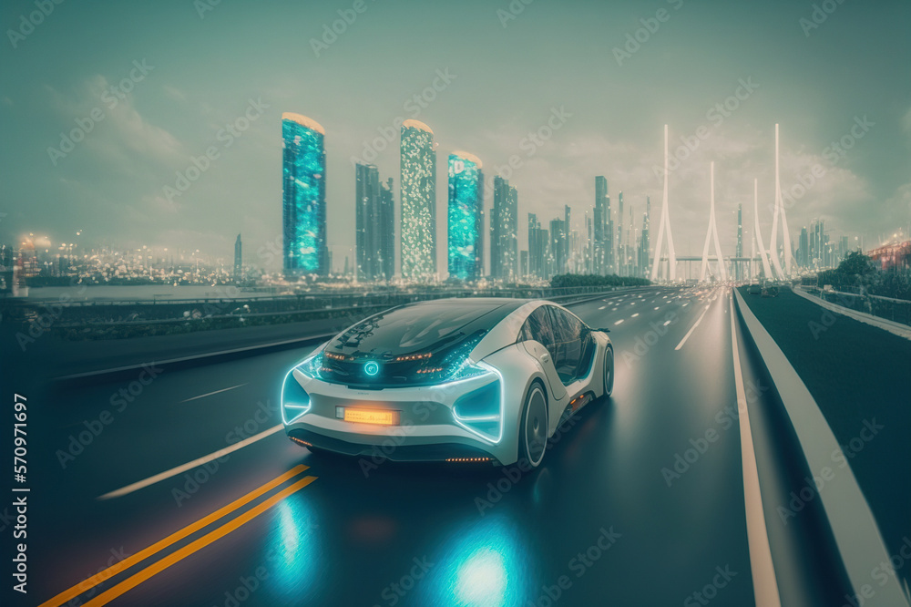 Fast electric car with luxury futuristic autonomous sensor software driving on road in downtown city