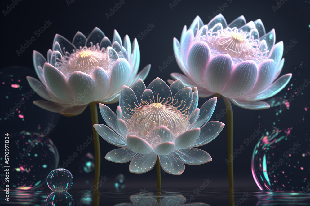 Dreamlike image of light glowing lotus flower or water lily with transparent pink illumination under