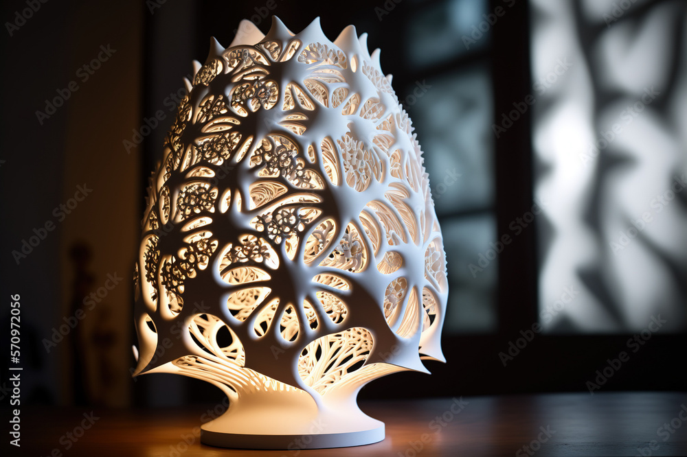 Lamp on bedside table at night prototype by 3D printing technology . Sublime Generative AI image .