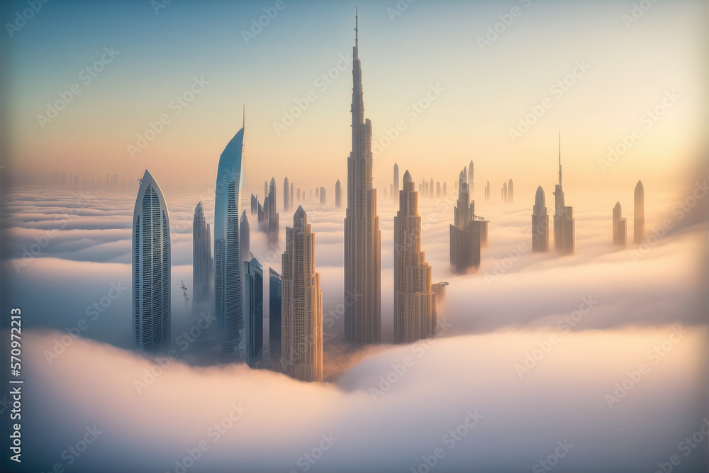 Top of skyscrapers building high above the clouds in the morning sunrise . Futuristic architecture o