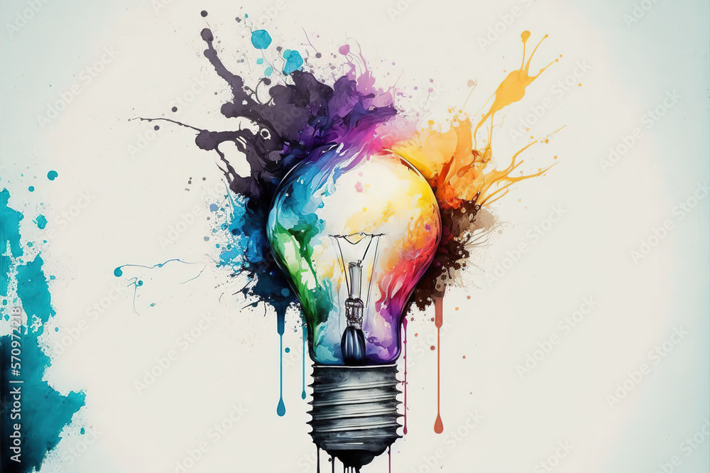 colorful bulb with color splash on white background . Sublime Generative AI image .