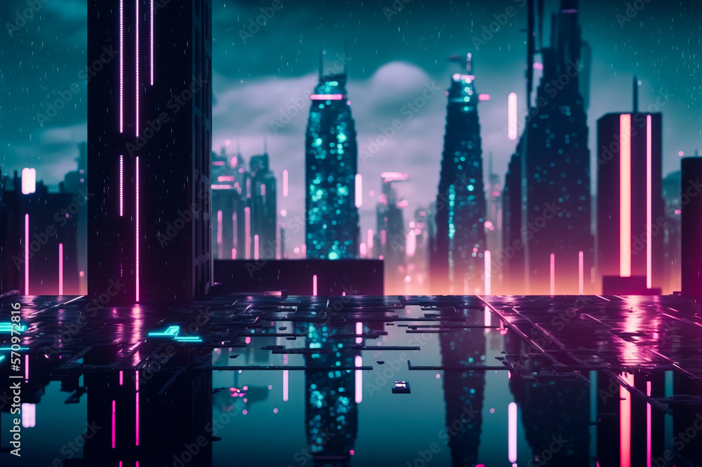 Futuristic city with neon light of pink and blue illuminated city street . Sublime Generative AI ima