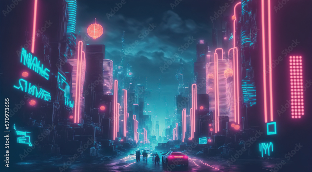 Futuristic city scene with neon light illuminated the dark fictional city street . Sublime Generativ