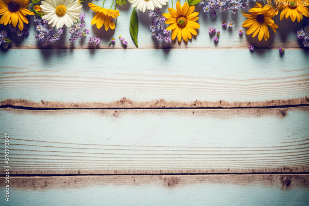 Flat lay view of flower on wood background, vintage color . Sublime Generative AI image .