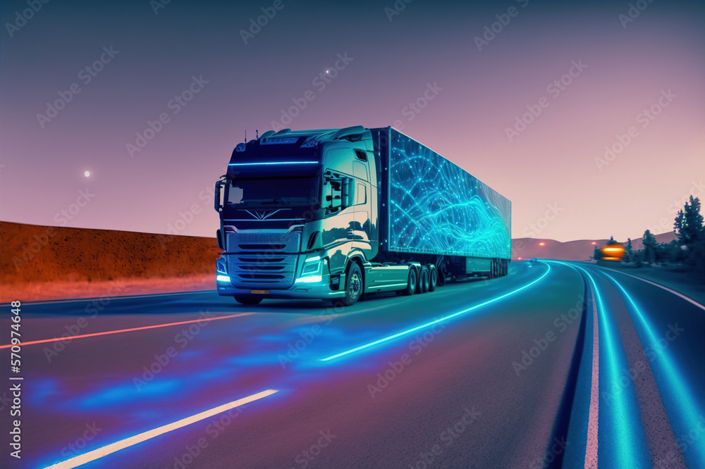 Self driving futuristic freight truck deliver goods to warehouse on city highway road with advanced 