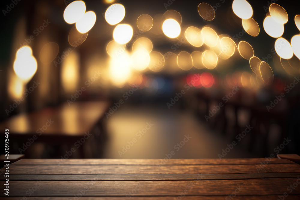 Empty wood table for product display in blur background of admirable restaurant at night