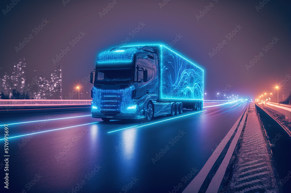 Self driving futuristic freight truck deliver goods to warehouse on city highway road with advanced 