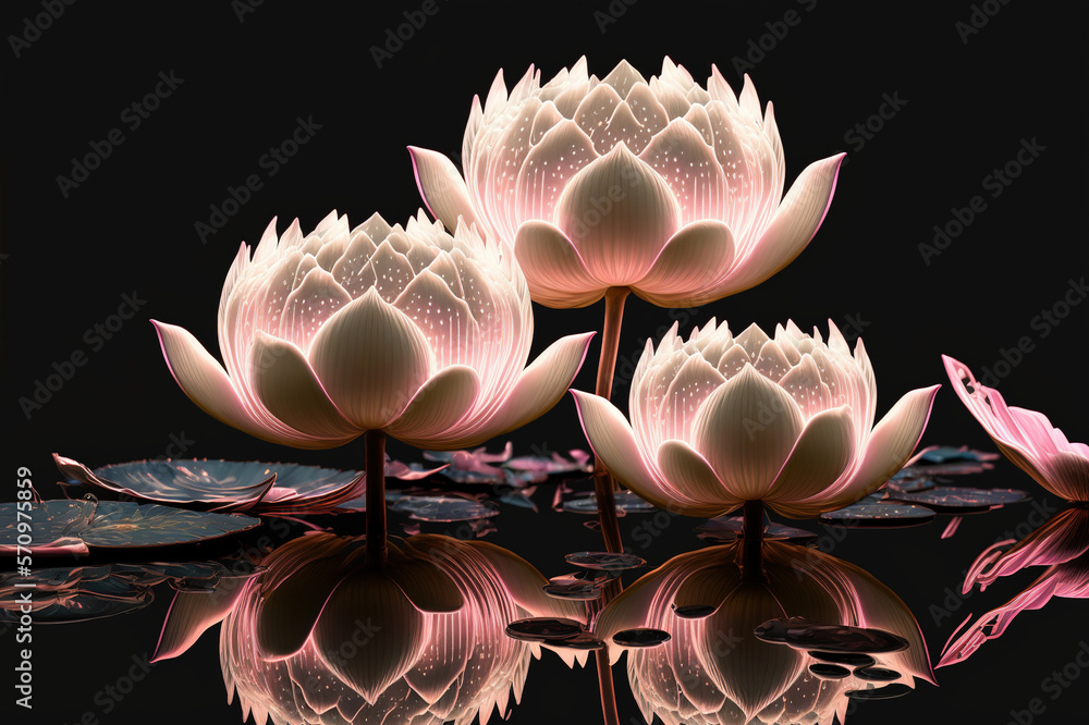 Dreamlike image of light glowing lotus flower or water lily with transparent pink illumination under