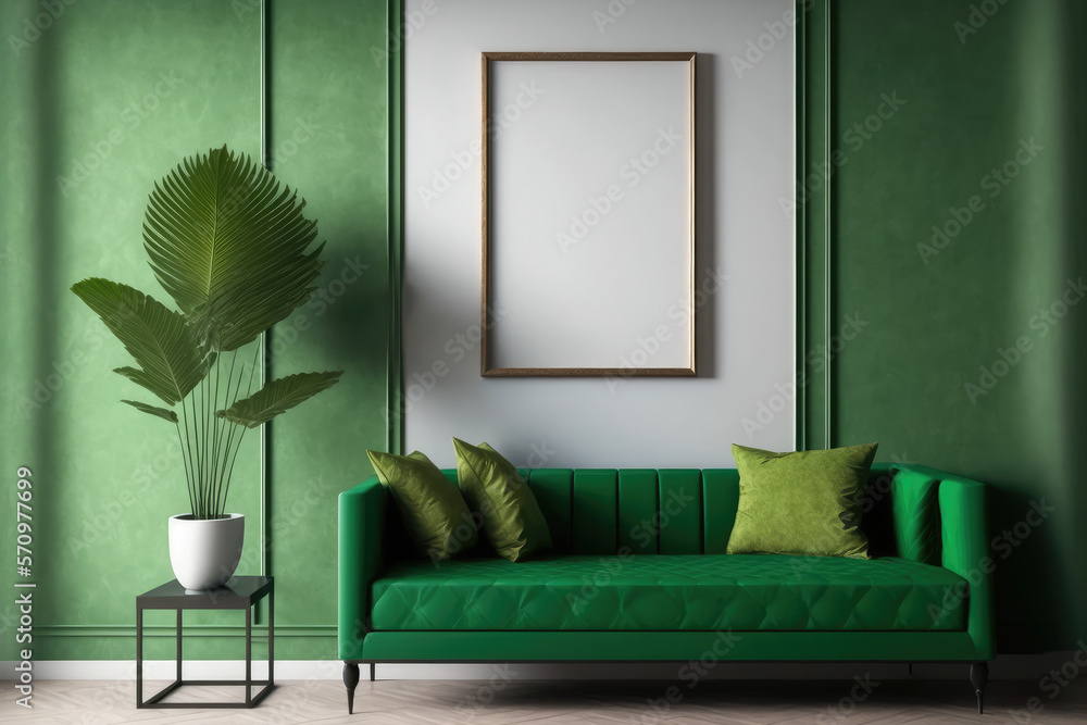 Green modern interior living room design with empty picture frame template for your desired content.