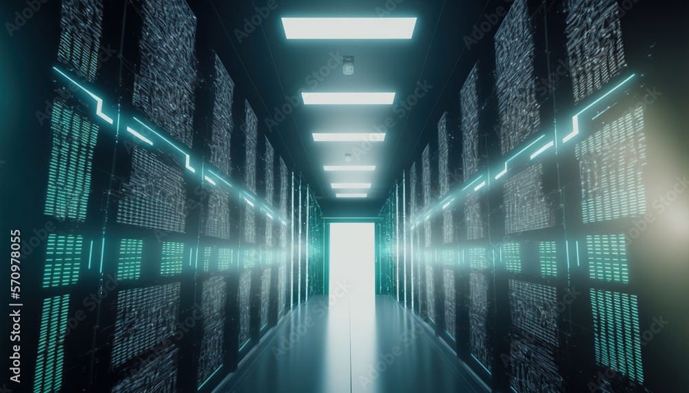 Corridor of data center with racks of server computer for cloud computing data storage , cyber secur