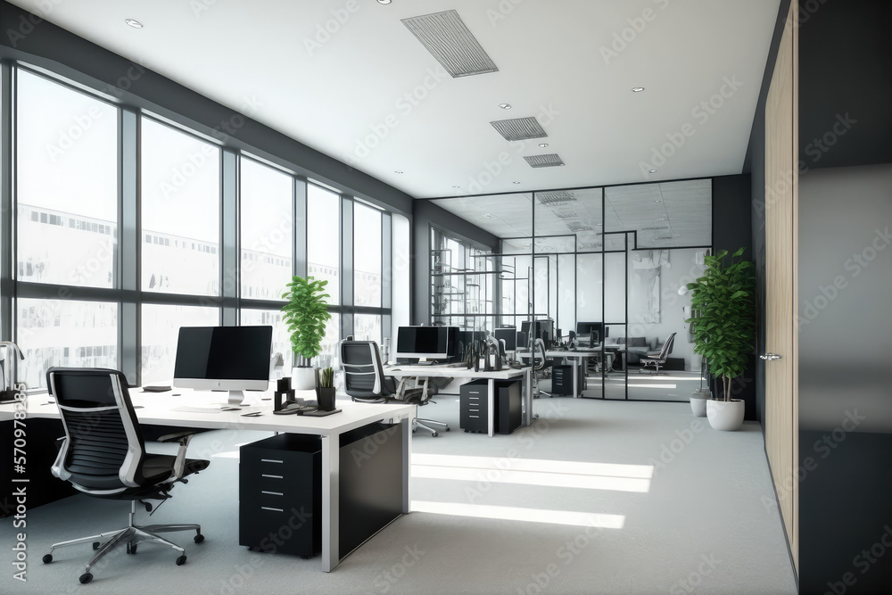 Modern office interior design . Contemporary workspace for creative business. Peculiar AI generative