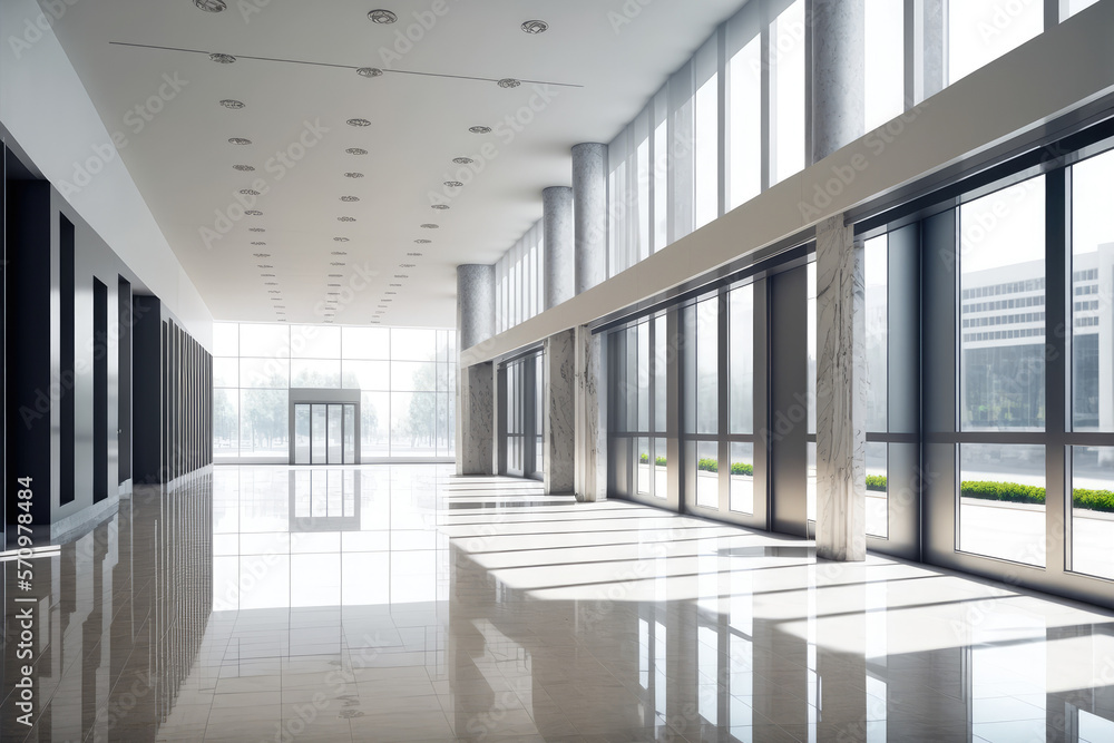 Empty entrance hall of modern public station or large convention center lobby . Contemporary beautif