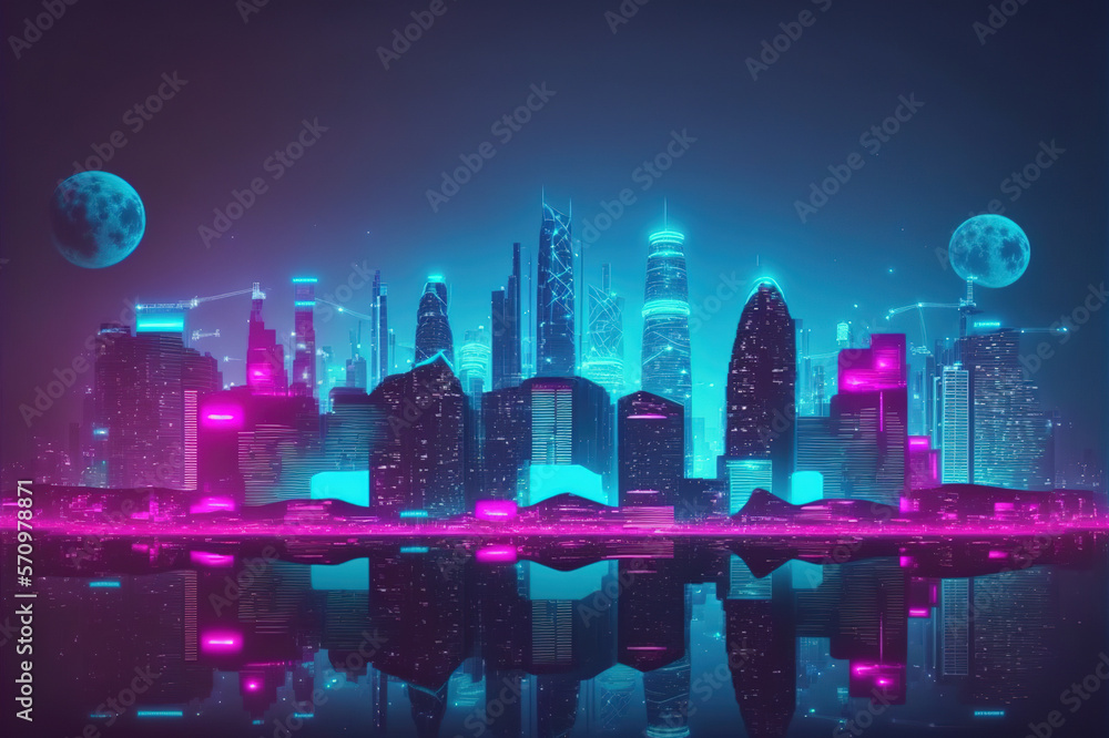 Futuristic city with neon light pink and blue illuminated skyline . Sublime Generative AI image .