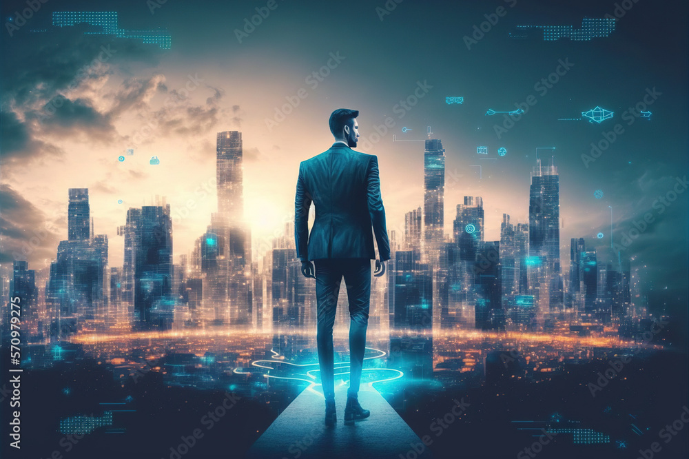 Businessman walking on virtual reality platform to futuristic smart city of opportunity with interne