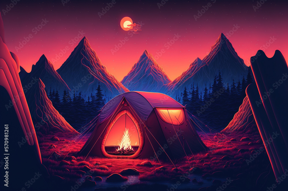 Camping tent illustrated in neon light vaporwave design . Sublime Generative AI image .