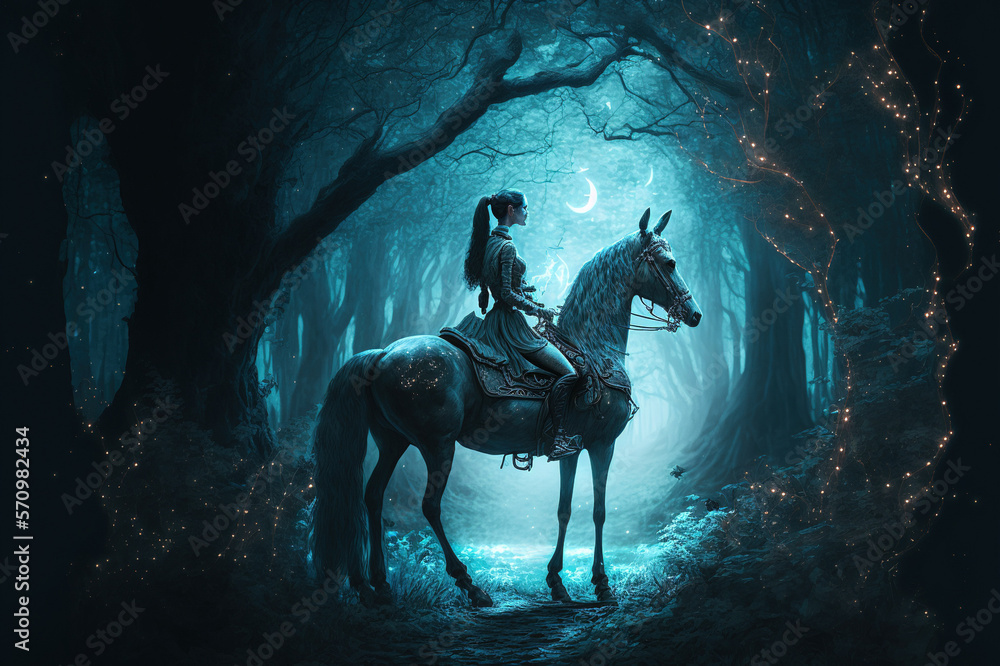 Night fantasy image of mystic woman riding deer in magical forest illumination . Sublime Generative 