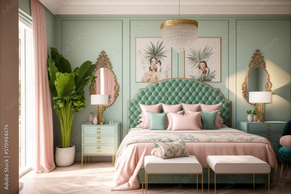 Pastel color elegant bedroom interior design. Peculiar AI generative image.