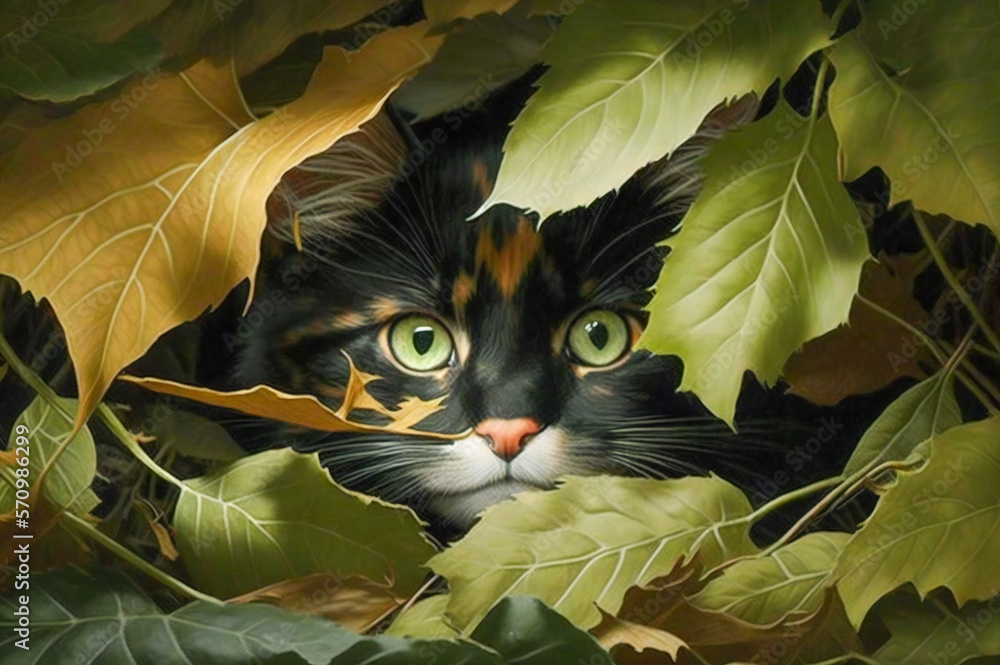 Cute cat hidden between green leaves. Fictional illustration. Created with Generative AI technology.