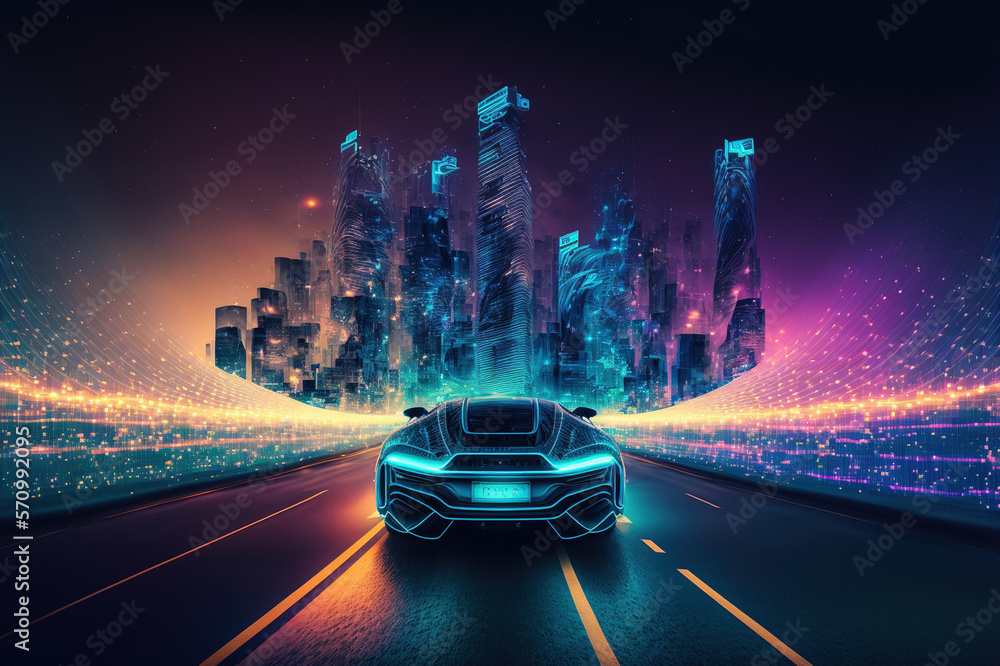 Racing sports car driving on urban city road with luxury digital technology . Sublime Generative AI 