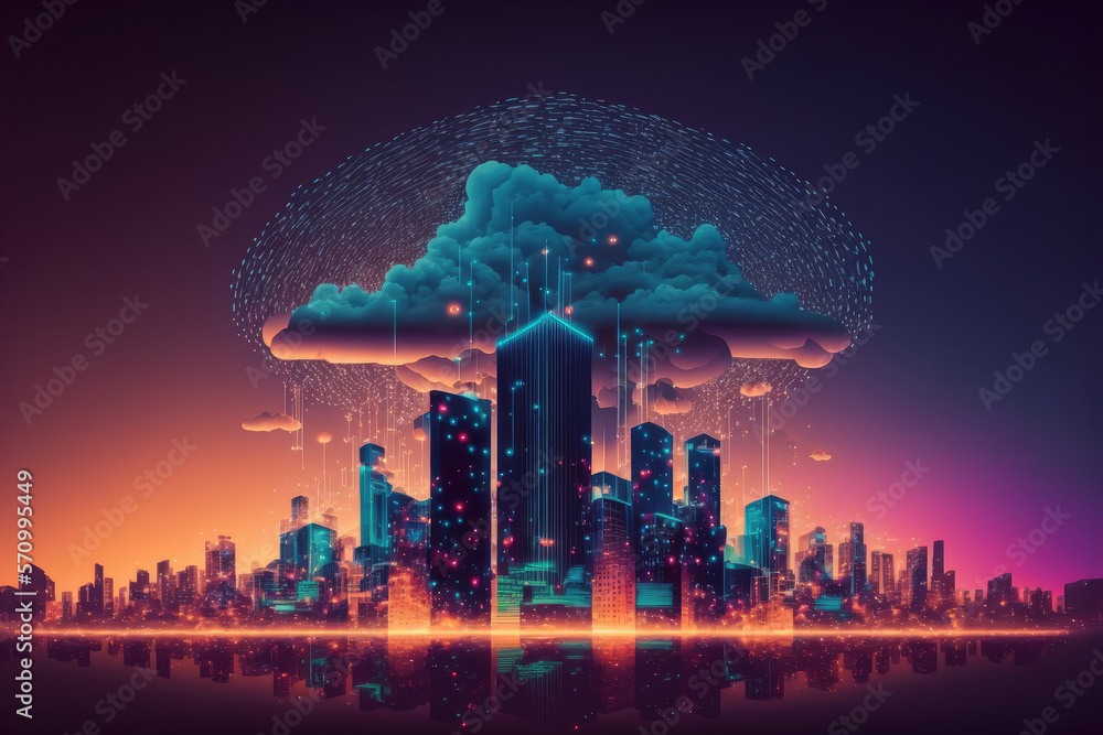 Futuristic smart city internet network connection through wireless system. Peculiar AI generative im