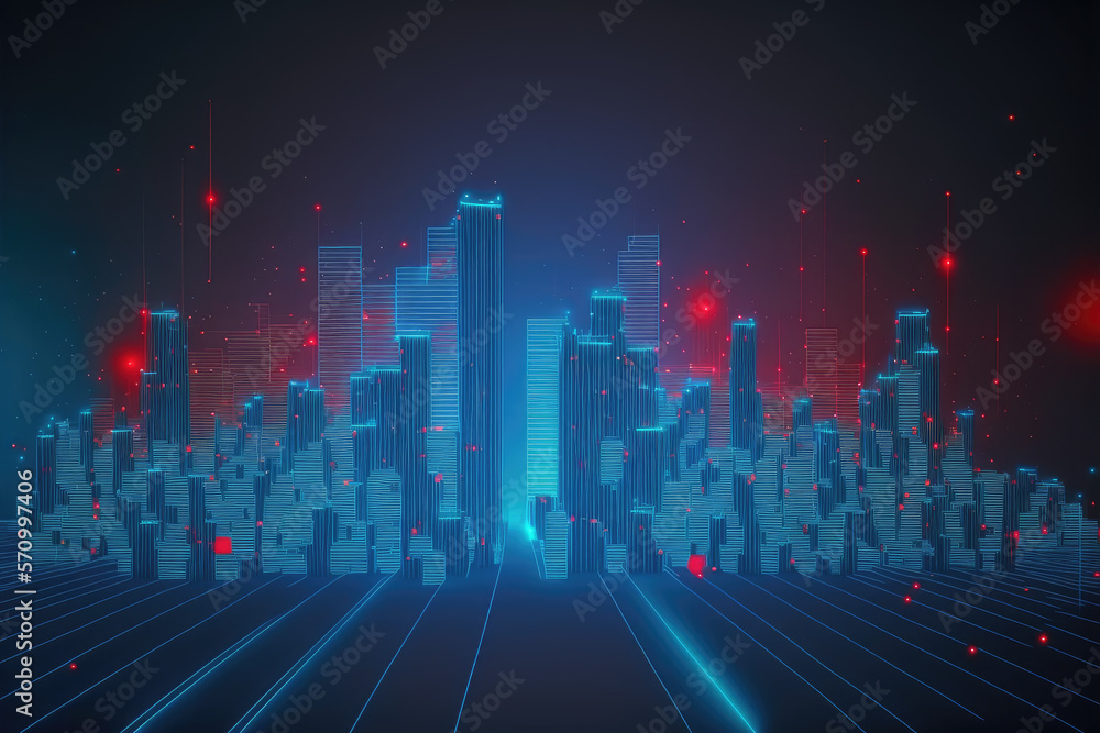 Futuristic smart city internet network connection through wireless system. Peculiar AI generative im