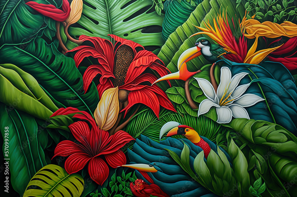 Various tropical leaves and birds exotic wallpaper design . Sublime Generative AI image .