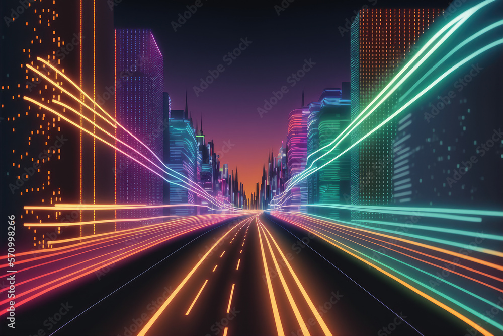 Abstract highway path through digital smart city graphic design. Peculiar AI generative image.