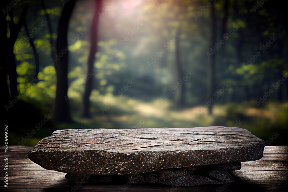 Empty stone table for product advertising display in fresh green jungle blur background . Admirable 