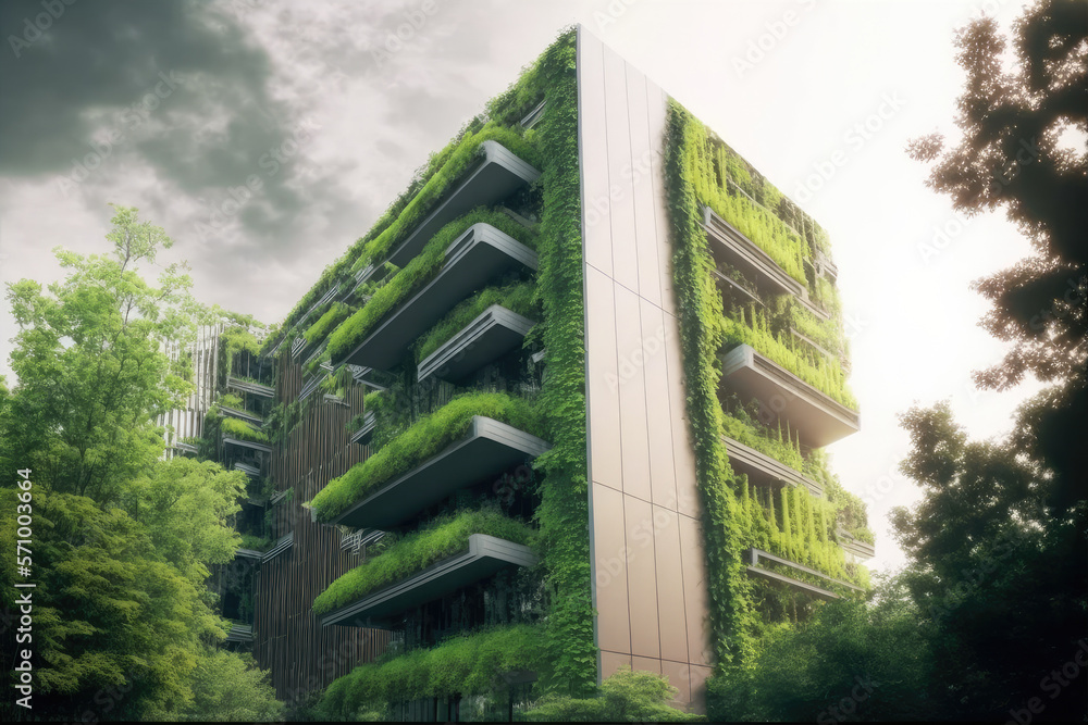 Eco friendly green building with vertical garden in modern city for sustainable clean environment. P