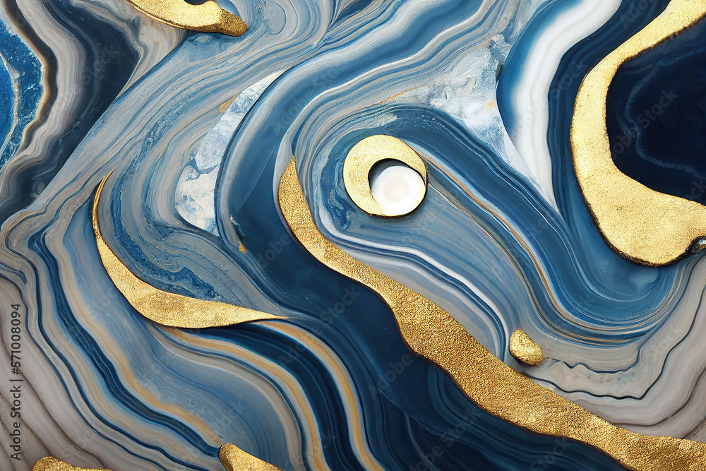 Abstract art background with a fluid marble blue and gold texture. Splendid generative AI luxury abs