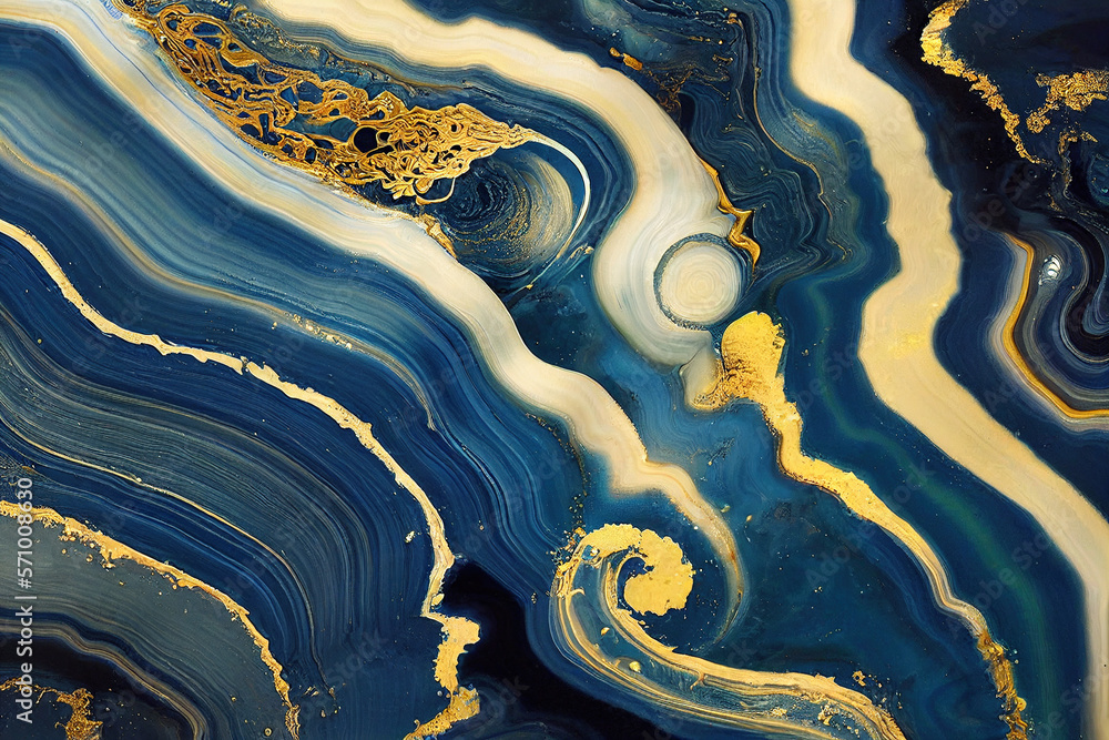 Abstract art background with a fluid marble blue and gold texture. Splendid generative AI luxury abs