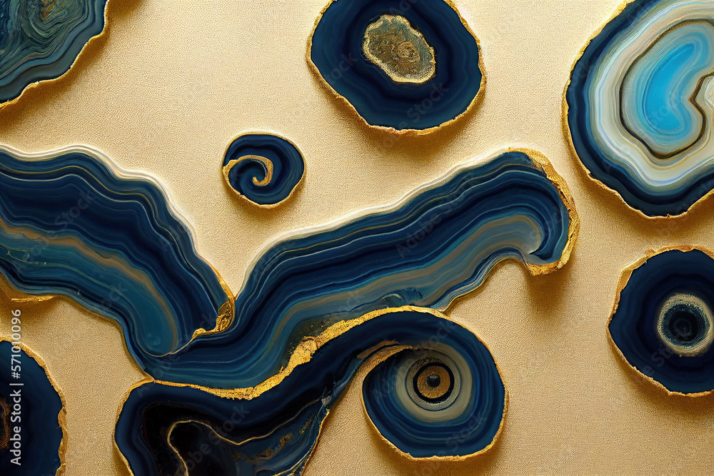 Abstract art background with a fluid marble blue and gold texture. Splendid generative AI luxury abs