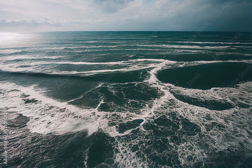 Spectacular top view from drone photo of beautiful beach with relaxing sunlight, sea water waves pou