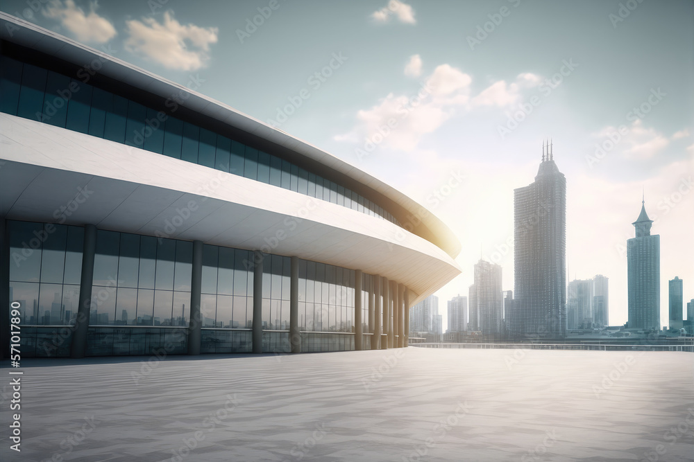 Modern architecture building design with empty concrete floor and urban city skyline in background s