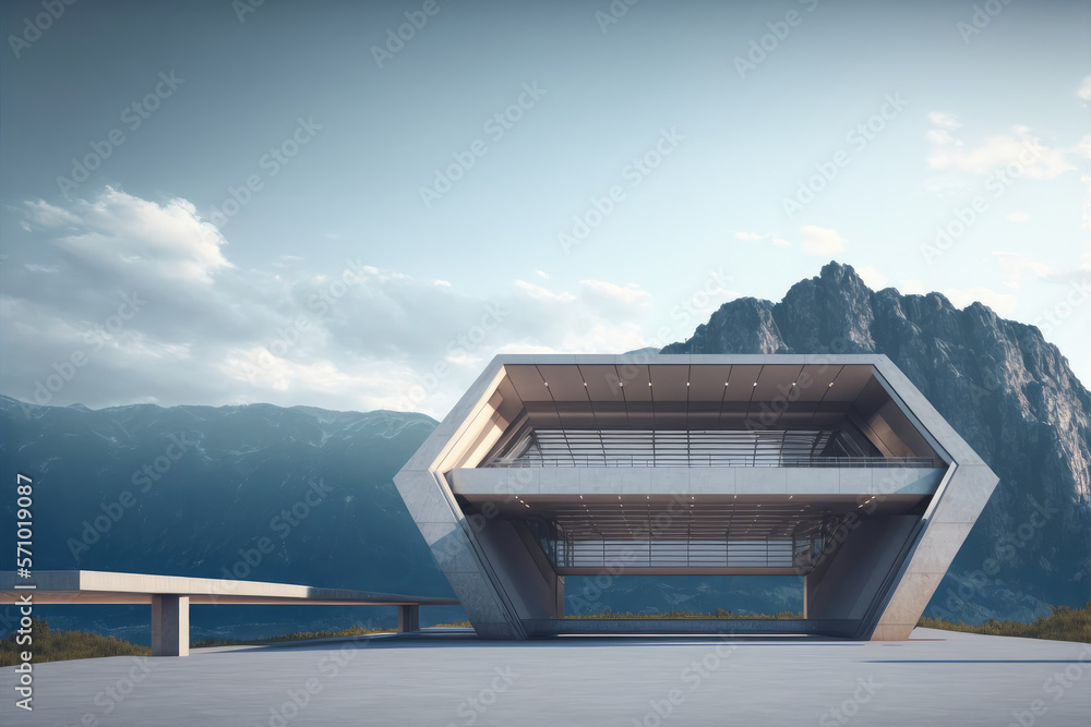 Futuristic architecture of modern hall entrance facade on high mountain top scenery with empty outdo