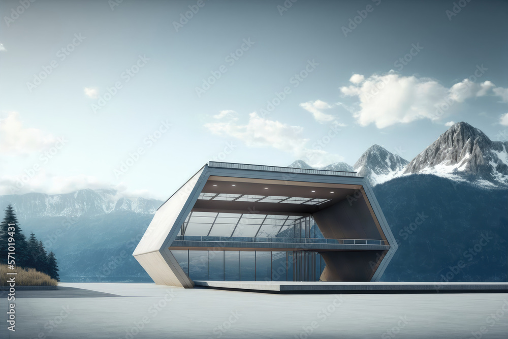 Futuristic architecture of modern hall entrance facade on high mountain top scenery with empty outdo