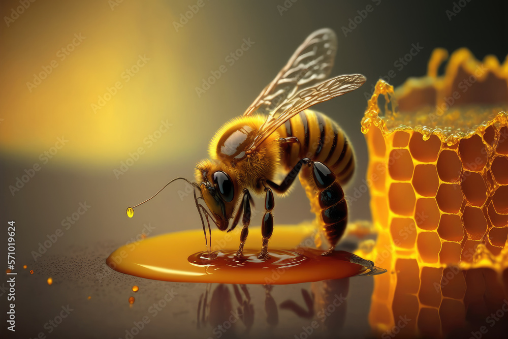 Bee and honey from close up view of nature insect. Peculiar AI generative image.