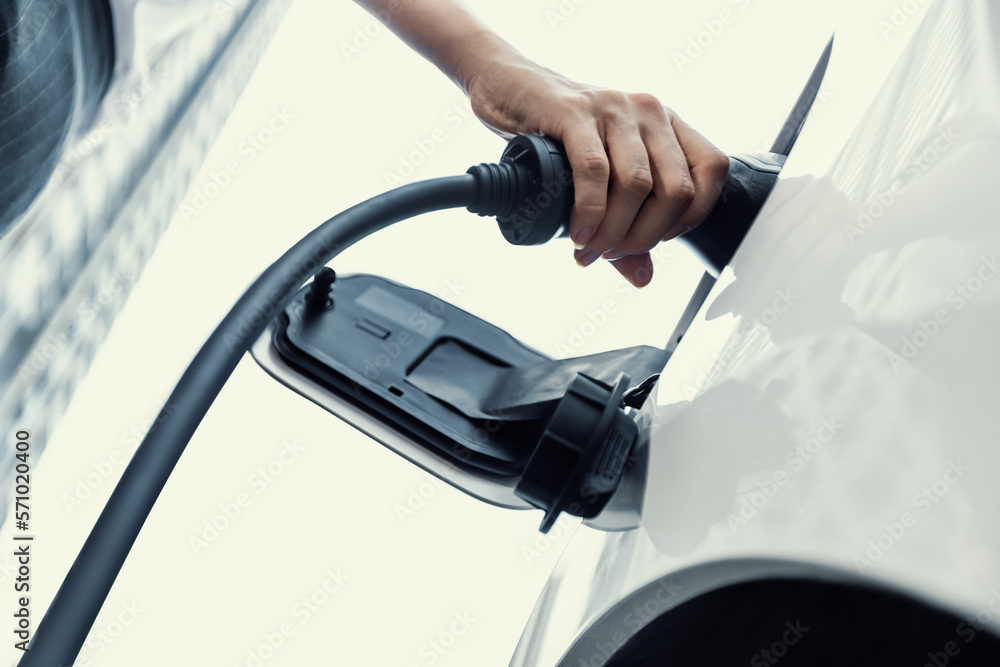 Closeup progressive man holding EV charger plug from public charging station for electric vehicle wi