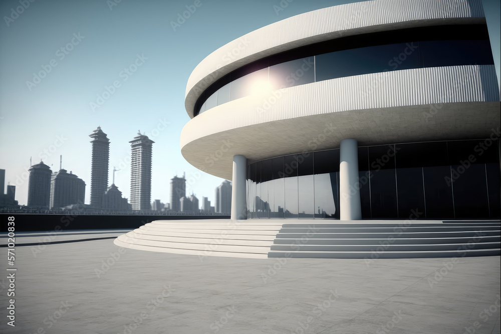 Modern architecture building design with empty concrete floor and urban city skyline in background s