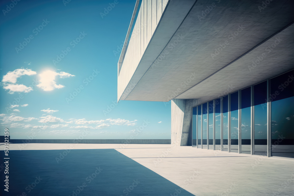 Modern architecture exterior of public hall entrance in urban building outdoor under bright sky with